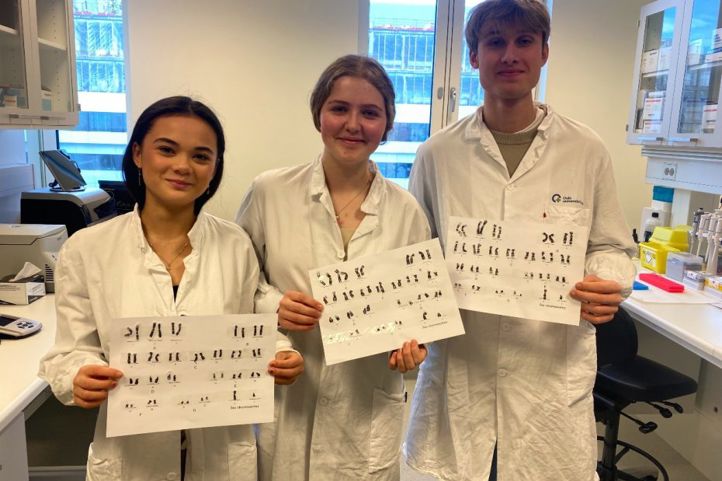 Camilla, Silje og Erlend fra 1STF er forskerelever og har vært på utplassering. Her forsker de på sammenhengen mellom kromosomendringer og blodkreft.